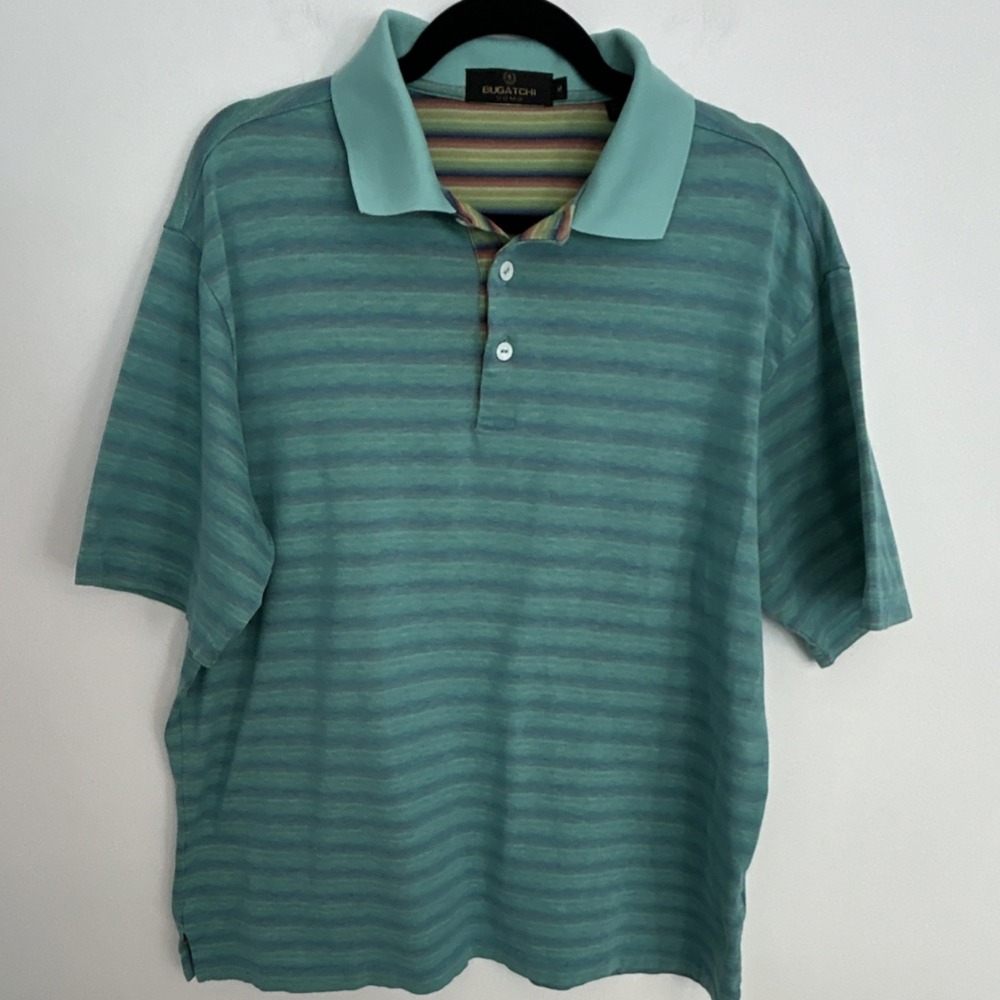Bugatchi‎ Uomo Men's M Striped Polo Shirt Green Blue Short Sleeve Cotton Golf